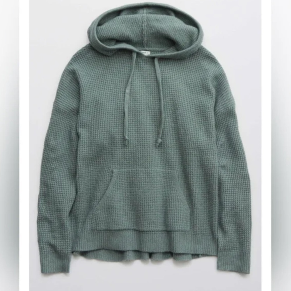 Aerie Waffle Knit Hoodie Sweater Overcast Green Oversized